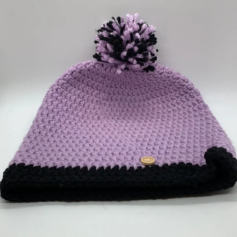 Hand made purple and black beanie cap tassel hat